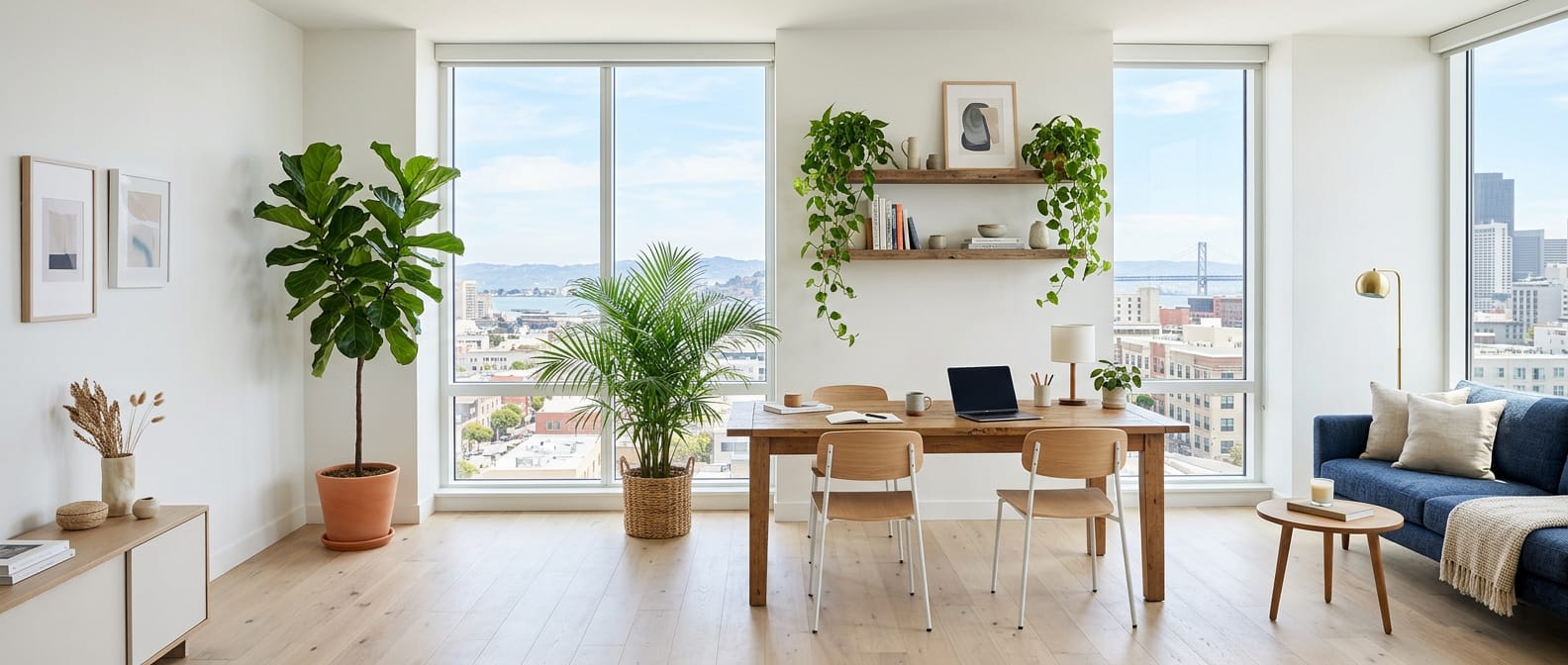 A bright small studio with a fiddle-leaf fig, a palm, trailing pothos on a shelf and a navy sofa by tall windows (generated image)