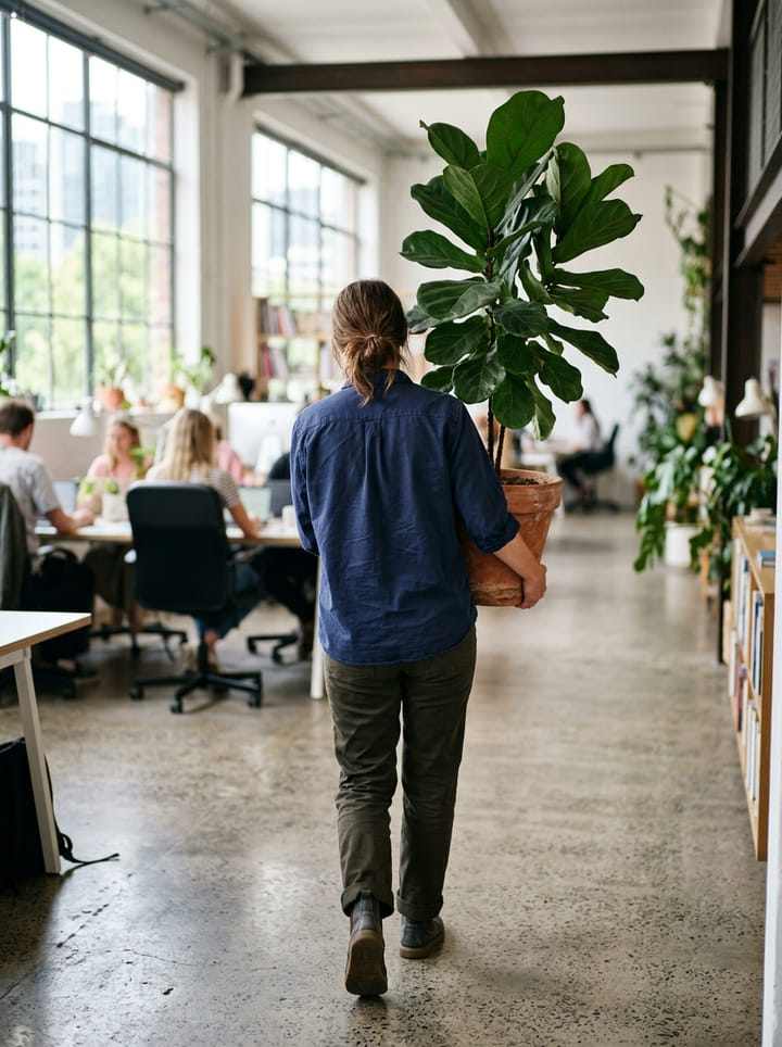 A person carrying a fiddle-leaf fig in a terracotta pot through a bright open studio (generated image)