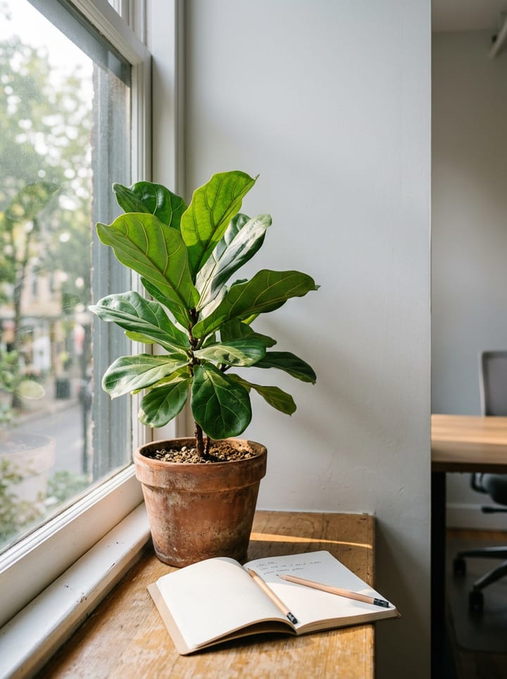 A fiddle-leaf fig in a terracotta pot on a sunny windowsill beside a notebook (generated image)