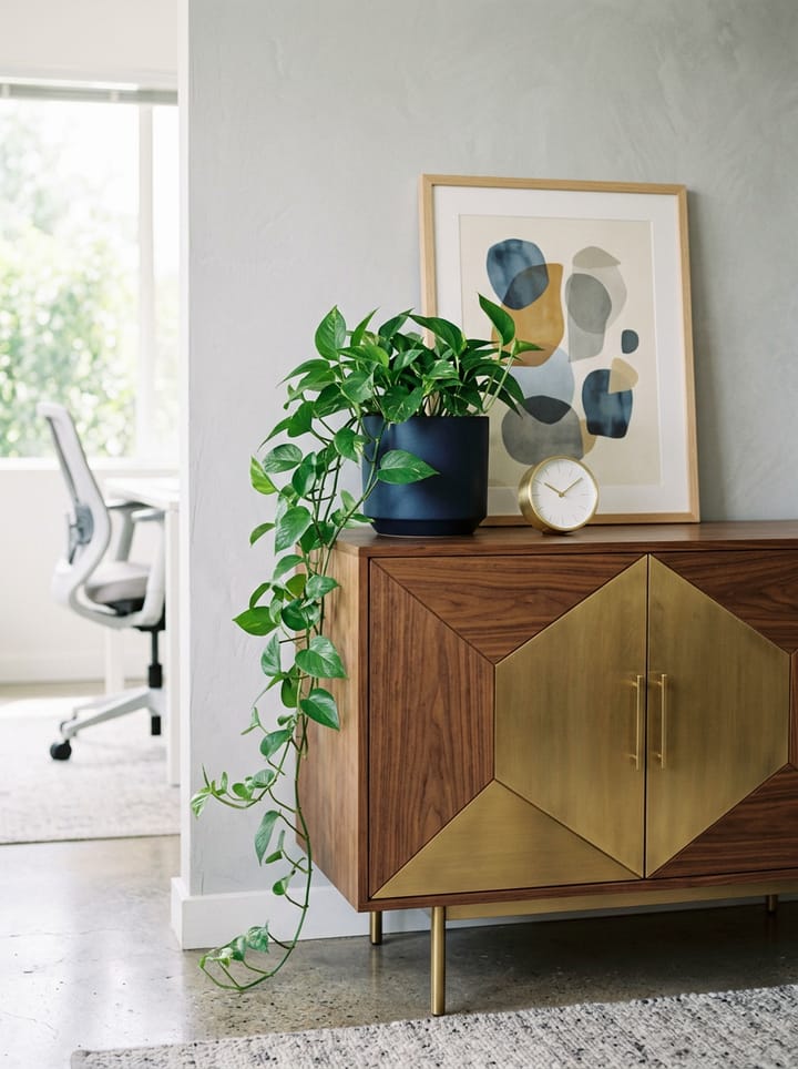 A trailing pothos in a navy pot on a walnut and brass sideboard beside framed art (generated image)