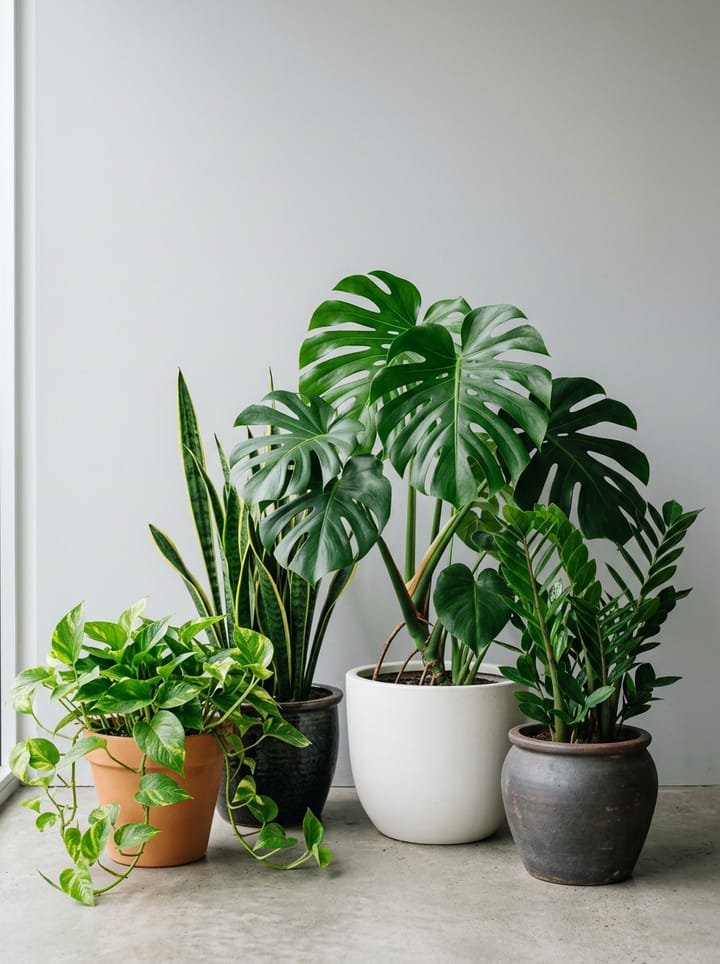 A grouping of pothos, snake plant, monstera and zz plant in mixed pots (generated image)
