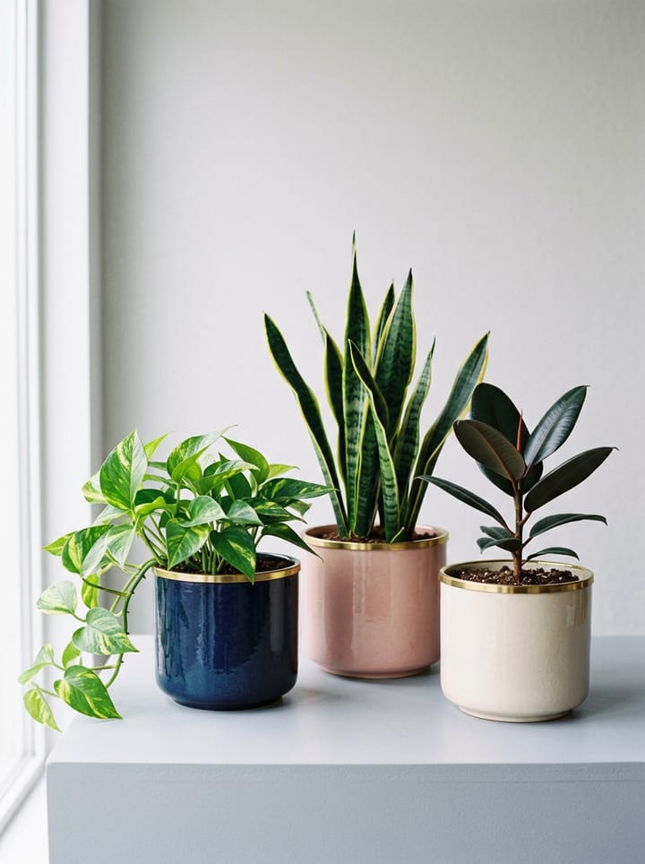 Three glazed pots in navy, blush and cream with brass rims, each holding a plant (generated image)
