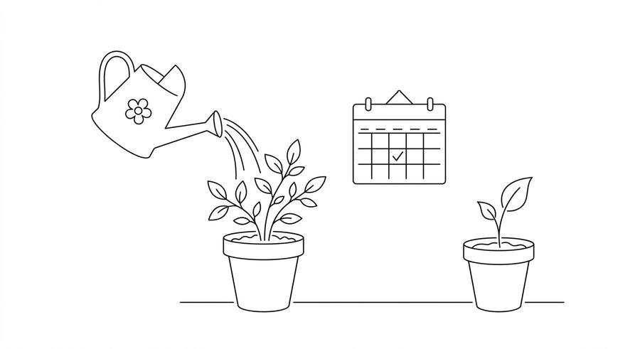 Line drawing of a watering can over a plant, with a calendar and a seedling