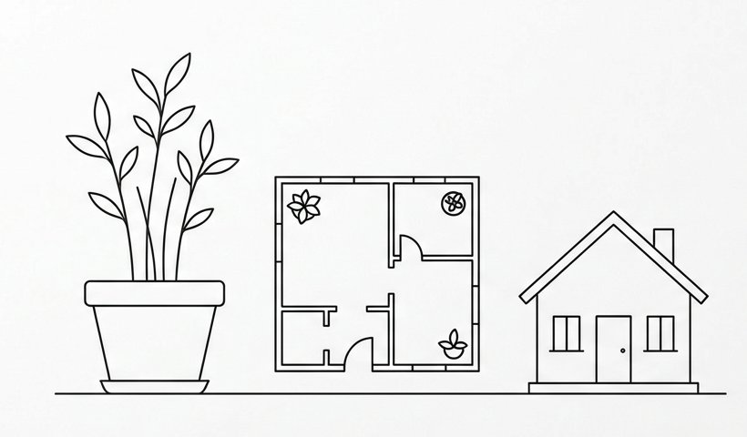 Line drawing of a potted plant, a floor plan and a small house