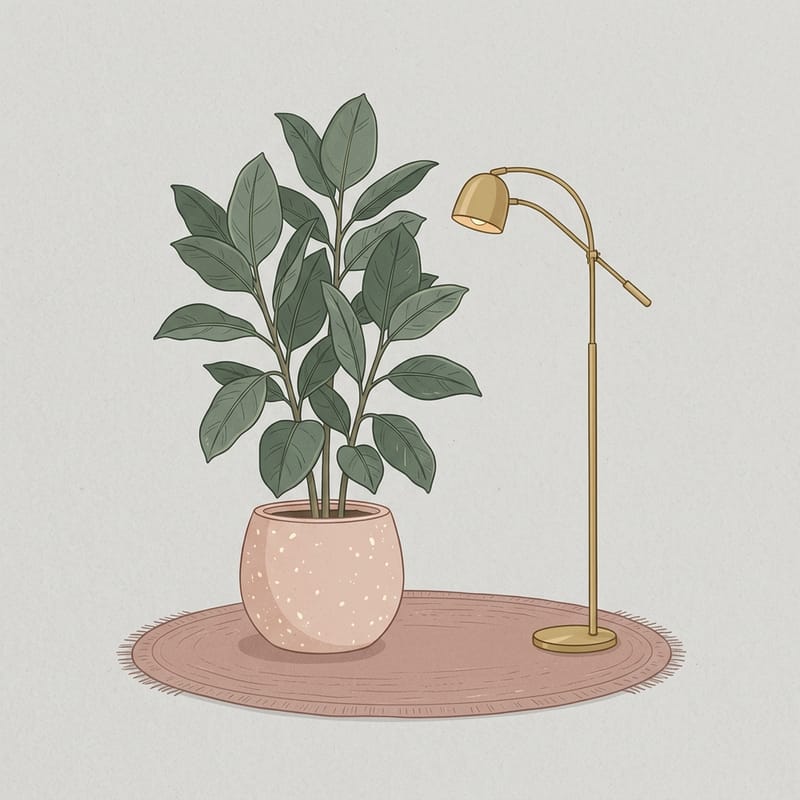 Illustration of a leafy plant in a blush pot on a rug beside a brass floor lamp