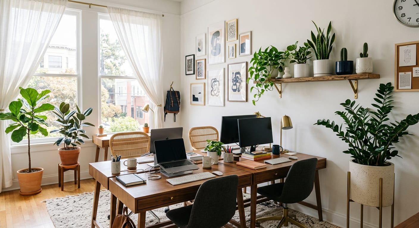 A sample studio with desks, a brass lamp, a gallery wall, a fiddle-leaf fig, a rubber plant and a snake plant on a shelf (generated image)