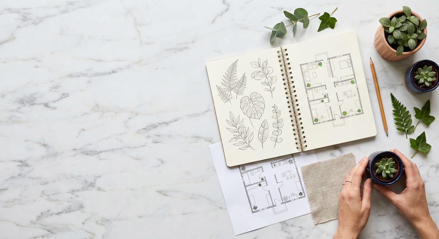 A marble desk with a sketchbook of leaf drawings and floor plans, small potted plants and a linen swatch (generated image)